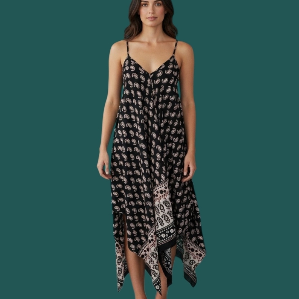 MAGIC 1990s Paisley Assymetric Sharkbite Spaghetti Strap Festival Slip Dress